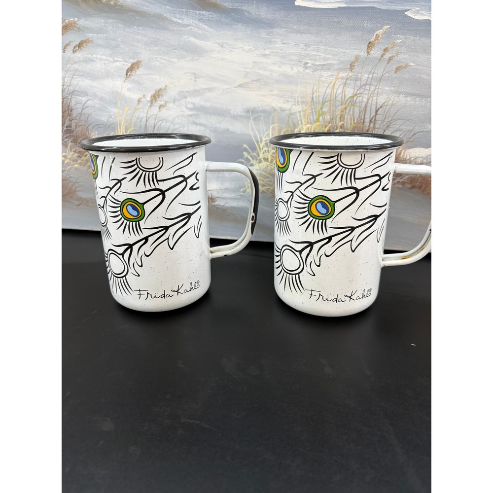 Frida Kahlo Santa Anita Enamel Mugs Set of 2 White Peacock Feather Mexico 5.25in